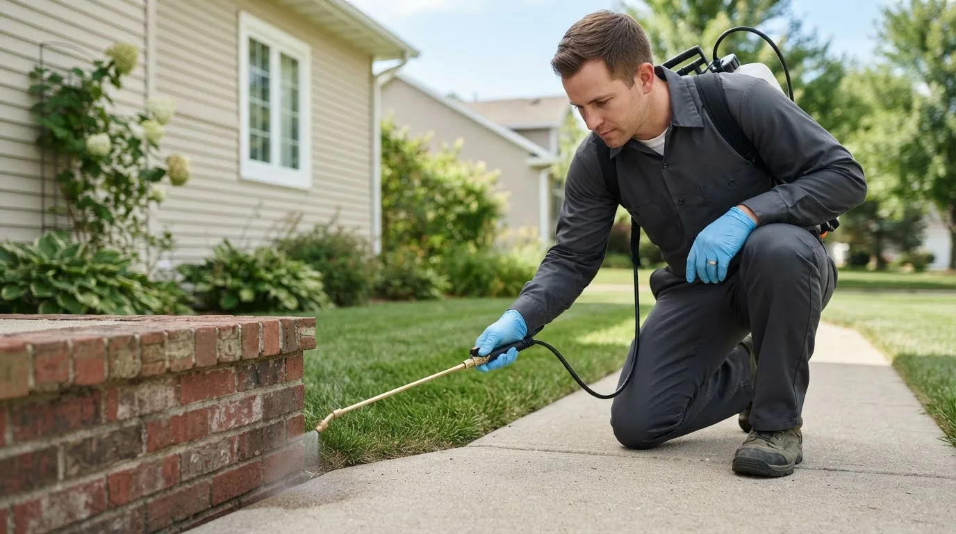 Pest control technician treating a home near Sayville, NY