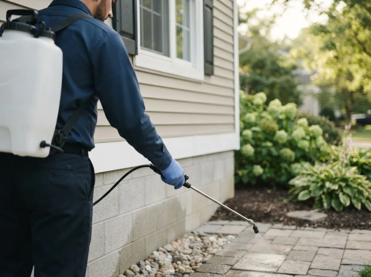 Pest control technician inspecting a home in Sayville, NY